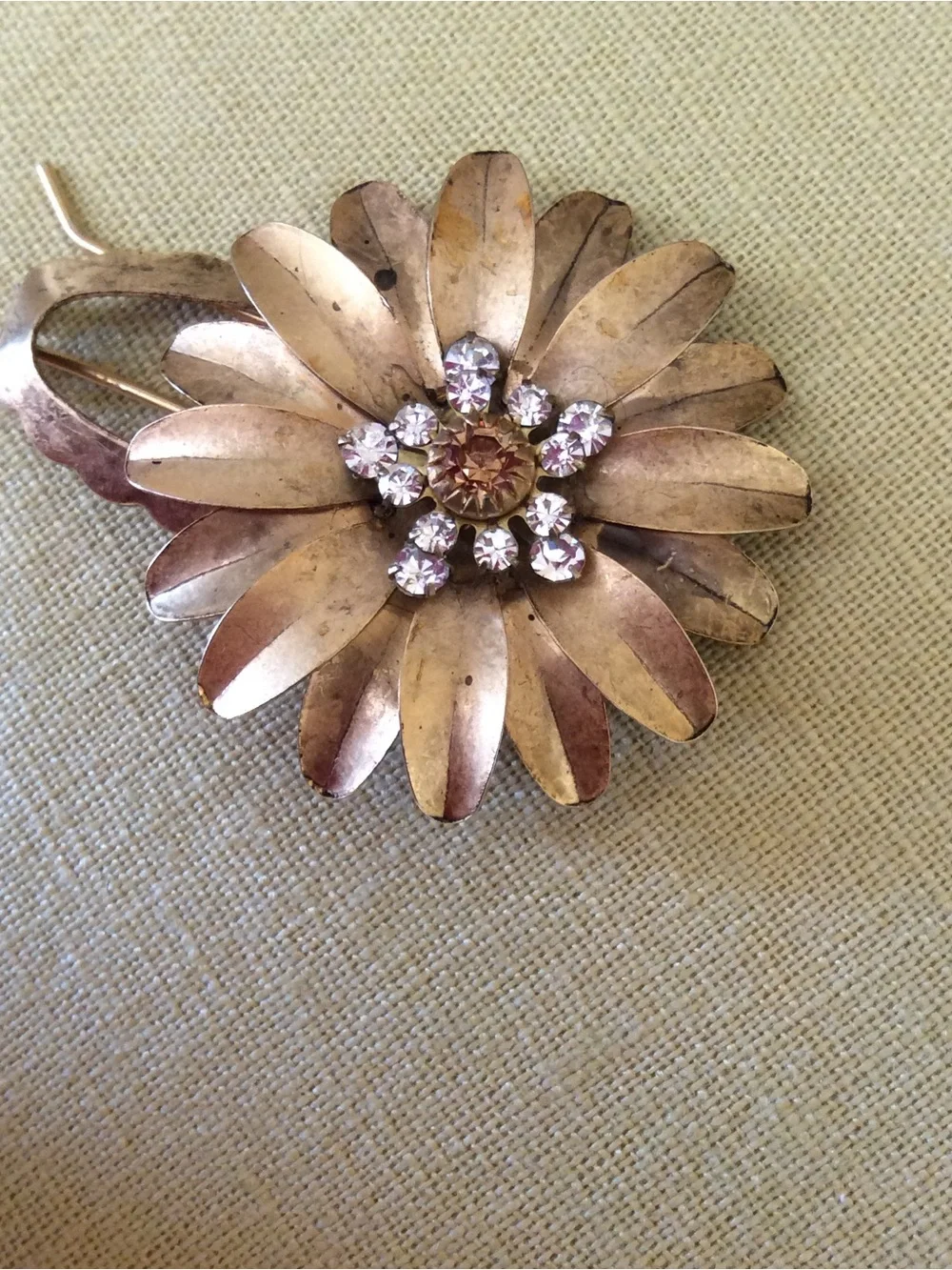 Anthropologie Gold Floral Antique Bronze Rhinestone Crystal Brooch